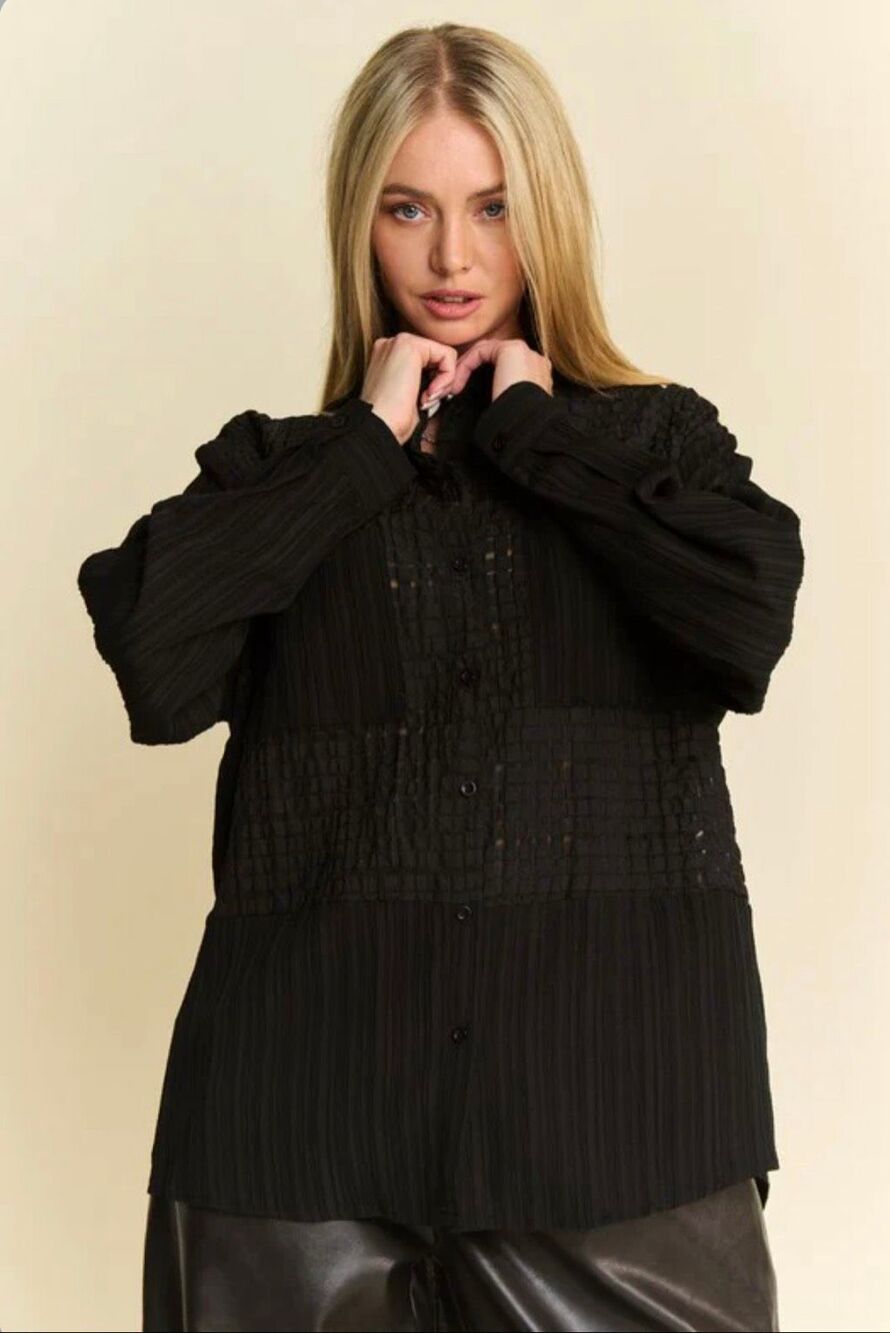 POL Crinkled Button Down Long Sleeve Shirt Blouse Black Size M